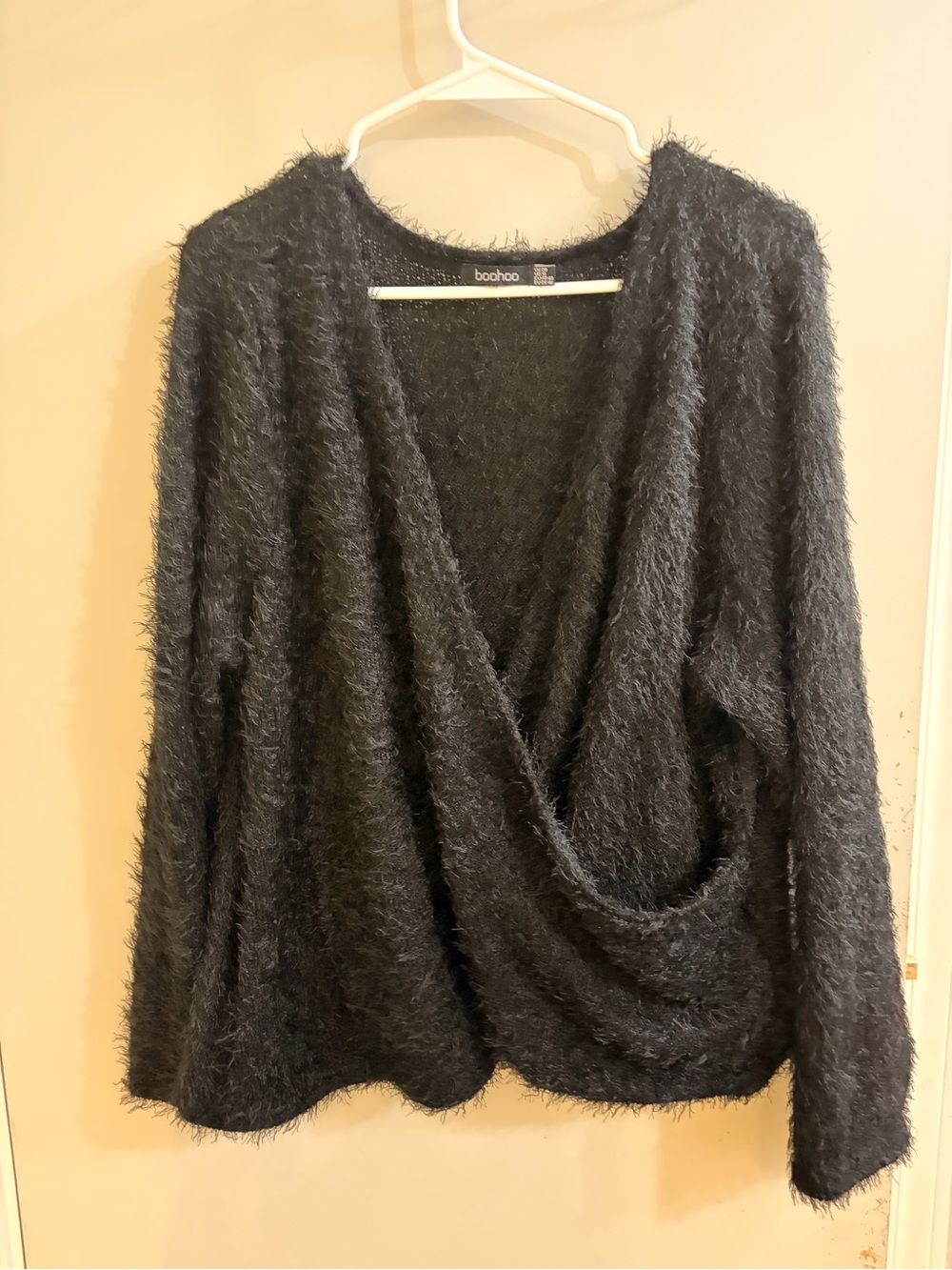 Boohoo Black Fuzzy Wrap-Front V-Neck Sweater